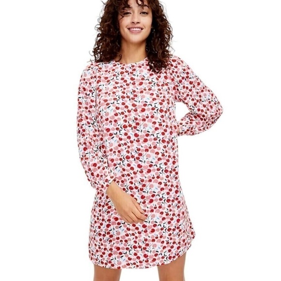 Loft Cherry Print Balloon Sleeve Shift Dress Size Small - Picture 1 of 11